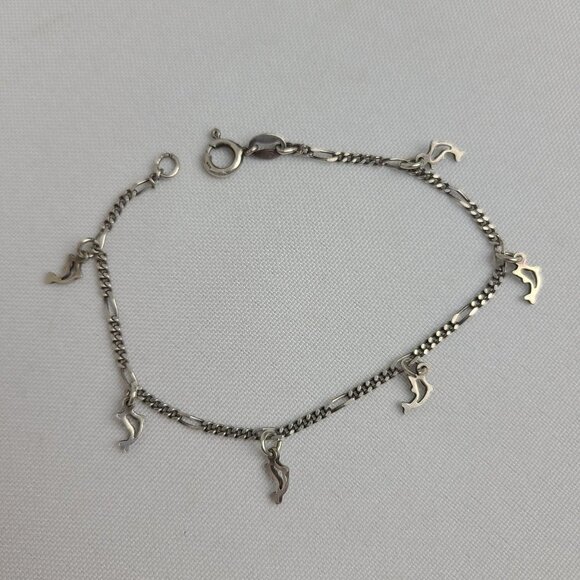 925 Sterling Silver Dolphin Chain Link Bracelet - Picture 2 of 7